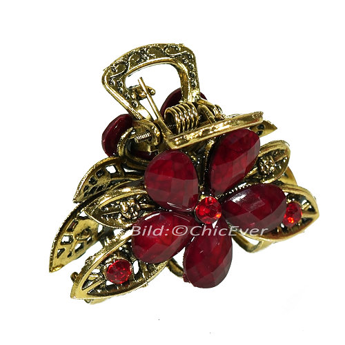 Haargreifer Blumen Haarklammer Metall Strass 3x2cm rot gold 5692c